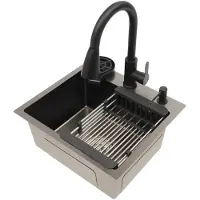 StarTech.com Küchenspülen-Set - Einbeckenspüle aus Edelstahl - 40 x 45 cm - Ausziehbarer Wasserhahn - Aufsatzmontage - Mit Becherspüler, Abtropfsieb und Seifenspender - Hellgrau
