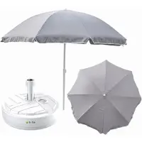 BOTLE Komplett-Set Sonnenschirm + Sonnenschirmständer für den Garten Material Polyester/Stahl/Polypropylen Farbe Grau Groß D 240cm H 230cm Rund Ständer Farbe weiß touristisch leicht bremsfunktion Modern Fun