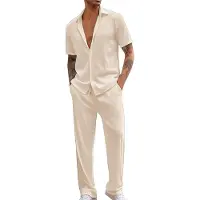 Markenlos Zweiteiliges Herren-Set aus kurzärmeligem, einfarbigem Button-up-Revershemd und Hose für Urlaub, Strand, Freizeit und Zuhause