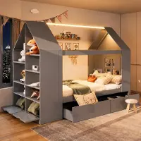 Flieks Kinderbett 90x200cm mit Led, Hausbett mit Fenster und Regal, Kinderbett Einzelbett mit Schubladen und Lattenrost, Holzbett Grau