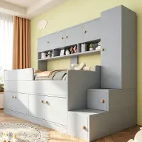 OKWISH Kinderbett 90×200 mit Kleiderschrank und Ablagefächern, Einzelbett mit LED und Sicherheitsgeländer, Funktionsbett Grau,ohne Matratze
