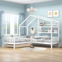 Ulife Baumhausbett mit praktischer Aufbewahrung: Schubladen und Regale, L-Form, Massivholz, 90x200+140x70 cm, weiß