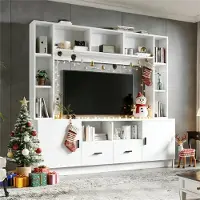 Great han TV Wohnwand 180x170cm Weiß, TV-Möbel Set für Fernseher bis 60 Zoll, Mediawand mit Vitrine, 11 Fächer & 2 Schubladen, Anbauwand Modern