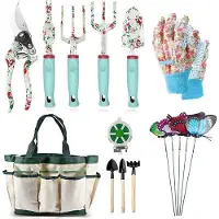 Markenlos Gartengeräteset 16-teilig mit Aufbewahrungstasche - Blumenmotiv