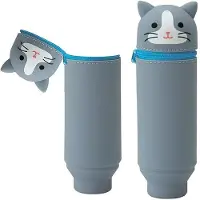 OEM Silikon Etui 2-in-1, blauer Katzen-Design, kawaii Schminkset, Schreibtücher, Stifte, Cartoon Etui, Mädchen und Jungen Accessoires