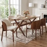 Flieks Esszimmerstühle 6er Set aus Massivholz mit Leinenstoff, Eschen-Massivholzfurnier, für Esszimmer, Wohnzimmer, Küchenstühle, Walnussholzfarbe