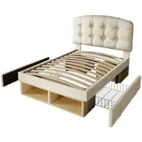 MODFU Jugendbett Polsterbett 90x200 mit Schubladen und Offener Stauraum Einzelbett Funktionsbett mit gebogenem höhenverstellbarem Kopfteil Schlafzimmerbett ohne Matratze Beige