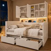 OKWISH Jugendbett 90×200 mit gepolstertes Kopfteil und Schränken,Tagesbett mit LED und USB,Stauraumbett mit Schubladen,Weiß,ohne Matratze