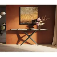 DELIFE Konsolentisch Edge Boot 180x40 cm Keramik Laminam Travertino Bianco Creme-Weiß Estelo Metall Effektfinish Titan