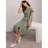 Création L Sommerkleid "Leinen-Kleid Druckkleid aus reinem Leinen", Damen, Gr. 42, N-Gr, khaki, weiß, bedruckt, Modisch, Rundhals, Kleider Sommerkleid