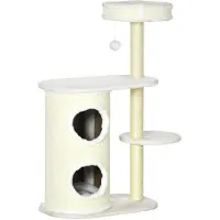 BellaFurn Katzenkratzbaum mit Katzenhaus und Spielzeug | Farbe: Cremeweiß | Abmessungen: 35x59x100 cm