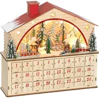 BellaFurn Adventskalender aus Holz mit 24 Schubladen und LED-Beleuchtung | Farbe: Braun | Abmessungen: 36x10x34 cm