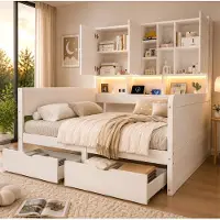 OKWISH Jugendbett 140×200 mit gepolstertes Kopfteil und Schränken,Tagesbett mit LED und USB,Stauraumbett mit Schubladen,Weiß,ohne Matratze