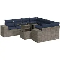 vidaXL 9-tlg. Garten-Sofagarnitur mit Kissen Grau Poly Rattan Akazie