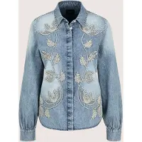 MADELEINE Hemdbluse "Bluse Jeansbluse mit floraler Stickerei", Damen, Gr. 44, blau, Modern, comfort fit, V-Ausschnitt, Blusen Hemdbluse
