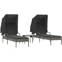 vidaXL Sonnenliegen 2 Stk. mit Dach und Tisch Grau Poly Rattan
