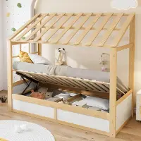 ALFORIGO Kinderbett 90x200 cm mit Hydraulik, Stauraum, Bettrahmen mit Fensterelementen, Bettgestell mit seitlichen Fächern, holzfarben/weiß