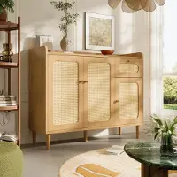 OKWISH Rattan-Geflecht Sideboard mit Schublade und Soft-Close-Scharnieren, Eingangsschrank mit Stauraum, Aufbewahrungsschrank in Eiche