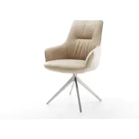 DELIFE Drehstuhl Zelia-Flex mit Armlehnen Mikrofaser Beige Vintage Kreuzgestell breit Edelstahl 360° drehbar Wippfunktion Taschenfederkern