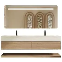360Home Wandhängendes Doppelwaschbecken Set Travertine Look Mit Spiegel Sinterstein Mit Armaturenloch 150 CM RW4822150K