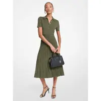 Michael Kors für Damen. MT5834F33D Grünes geripptes elastisches Strick-Midikleid im Polo-Stil (M), Lässig, Viskose, Kurzarm