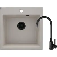 Deante Granitspüle in Beige, einteilig, mit Nero-Armatur, zum Unterbau, matt, platzsparender Siphon, flexibler Auslauf, Ablauf 3,5''