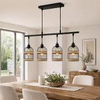 Lapamax Pendelleuchte Esstisch 4-Flammig Rattan, Esstischlampe Höhenverstellbar mit E27 LED Leuchtmittel, Industrial Hängelampe für Küche Esszimmer Bar