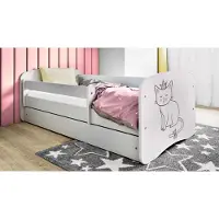 WFL GROUP Kinderbett Weiß 70x140 80x160 80x180 cm – mit Matratze, Rausfallschutz und Schublade – Jugendbett für Mädchen und Jungen – Stabil und Sicher – Katze – 160x80 cm