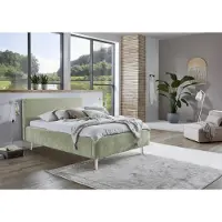 Meise Polsterbett Mattis 140x200 cm | Doppelbett | Bettgestell | skandinavisches Kopfteil | Strukturstoff Hellgrün | Holzfuß sandfarbig