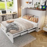 ALFORIGO Klappbett 140 x 200 cm, ausziehbares Murphy-Bett mit EU-Steckdose, leisem Rollensystem, Metall- und Sperrholzrahmen, platzsparende Schrankoptik, Weiß