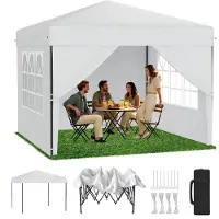 LZQ Faltpavillon 2,5x2,5 m mit One-Touch Lift, 3-fach Höhenverstellung 240-260cm, Weiß, mit 4 Seitenwänden