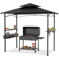 LZQ Grillpavillon mit Doppelschichtdach 245x153x250 cm Wasserabweisend Flammhemmend Schwarz inkl. Stauraumbasket
