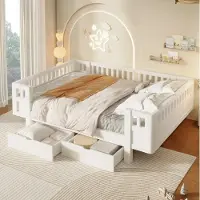OKWISH Kinderbett 140×200 mit Sicherheitsgeländer und Stauraum, Plattformbett mit zwei Schubladen, Holzbett in Weiß,ohne Matratze
