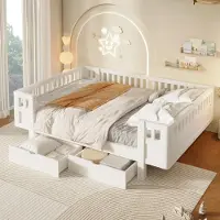 STILVORA Plattformbett 140x200cm mit Matratze Bettgestell mit hohem Schutzgitter, Kinderbett mit 2 großen Schubladen, Funktionsbett mit Stauraum, Weiß