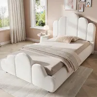 ALFORIGO Polsterbett 90 x 200 cm Kinderbett mit Lattenrost, gepolstertem Kopfteil, Wolkendesign und abgerundeten Ecken, Bouclé Beige