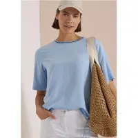 Cecil Shirtbluse , Damen, Gr. XXL (46), easy blau, Web, Obermaterial: 100% Viskose, unifarben, hüftlang, Rundhals, Blusen Shirtbluse, Streifendetail am Ausschnitt, Viskosequalität