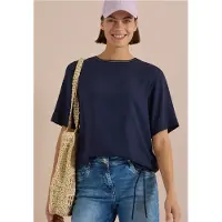 Cecil Shirtbluse , Damen, Gr. S (38), urban dunkelblau, Web, Obermaterial: 100% Viskose, unifarben, hüftlang, Rundhals, Blusen Shirtbluse, Streifendetail am Ausschnitt, Viskosequalität