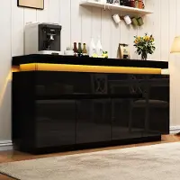 OKWISH moderne Hochglanz Sideboard mit 2 Schubladen und LED, Kommode mit geräumigem Stauraum,Aufbewahrungsschrank ,Schwarz