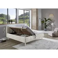 Meise Stauraumbett Mattis 180x200 cm | Doppelbett | Bettkasten & Lattenrost (Federholzrahmen) | Strukturstoff Beige | Holzfuß sandfarbig