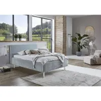 Meise Polsterbett Mattis 140x200 cm | Doppelbett | Bettgestell | skandinavisches Kopfteil | Strukturstoff Hellblau | Holzfuß sandfarbig