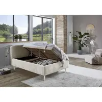 Meise Stauraumbett Mattis 120x200 cm | Bettkasten & Lattenrost (Federholzrahmen) | Strukturstoff Beige | Holzfuß sandfarbig