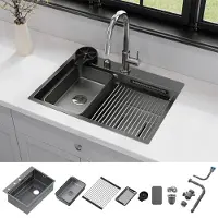 HOROW 66 x 48 cm Multifunktionale Edelstahl-Küchenspüle mit Wasserfallarmatur, Gläserspüler, Ersatz-Innenbecken, Abtropffläche und Ablaufgarnitur
