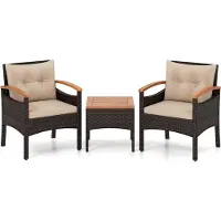 Northix 3-teiliges Rattan-Gartenmöbel-Set mit Akazienholztisch und Kissen