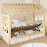 Flieks Hydraulisches Kinderbett 90x200cm mit Stauraum und Staufach, Hausbett mit Dach und Fenster, Holzbett Einzelbett mit Lattenrost, Naturbelassen