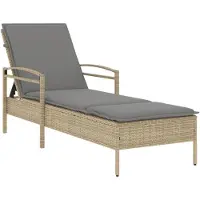 Markenlos Sonnenliege aus Polyrattan, Gartenliege mit 3-Fach Verstellbarer Rückenlehne, inkl. Auflage, 63x200x81 cm, Beige/Hellgrau, für Garten, Terrasse und Balkon