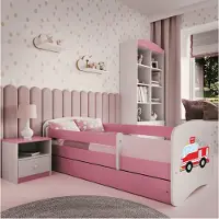 Markenlos Babybett in Puderrosa, 80 x 180 cm, mit Schublade und Matratze, Feuerwehrmotiv