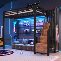 ALFORIGO Hochbett 90 x 200 cm mit Kleiderschrank und Stauraumleiter, 7-farbiger LED-Beleuchtung, Hängegitter und Freifläche, Metall + MDF