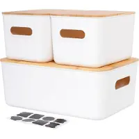 Sonstiges Aufbewahrungsboxen 3er Set mit Bambus Deckel Weiß Kunststoff stapelbar mit Griffen 6.5L + 13L