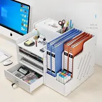 Unyqoos Schreibtisch-Organizer, Weiß – große Kapazität 39,2×29×28 cm, aus hochdichter PVC‑Holzplatte, Stifthalter & Taschentuchhalter, abschließbare Schublade, A4-Ablage