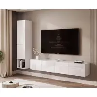 Idohome Hängende Wohnwand ANGEL LINE I mit LED-Beleuchtung, TV-Wand, Wohnzimmermöbel – Weiß Hochglanz
